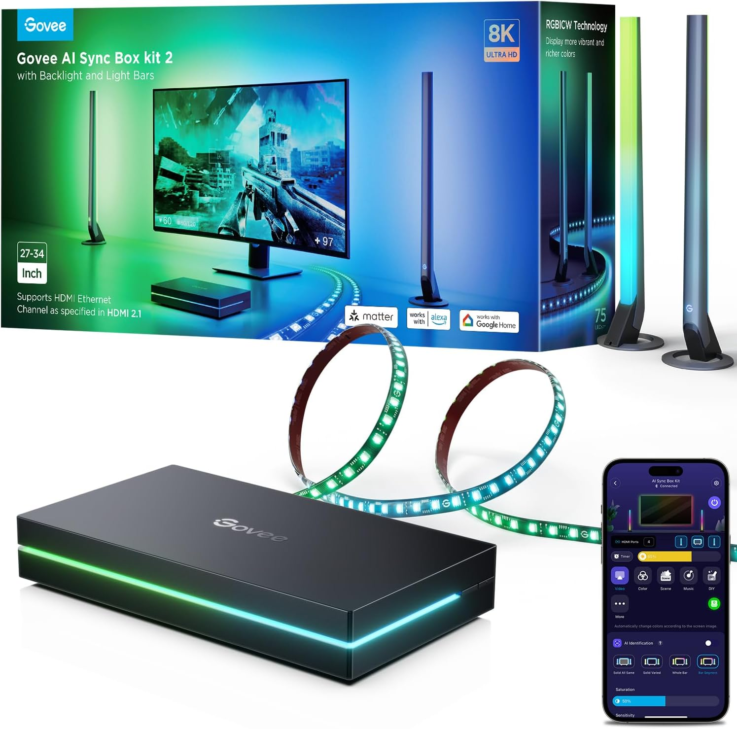 Govee HDMI 2.1 Sync Box Kit 2, Includes AI Sync Box, Light Bars, and Monitor Backlight Govee HDMI 2.1 Sync Box Kit 2, Includes AI Sync Box, Light Bars, and Monitor Backlight